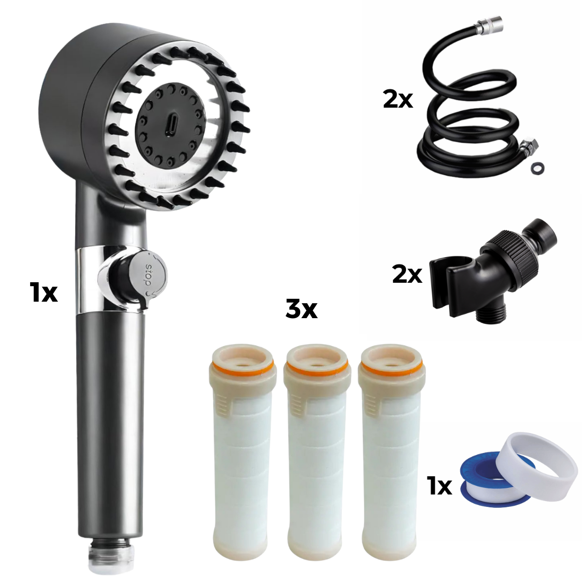 Duschkopf + 2x Schlauch + 2x Adapter + 3x Filter + Teflonband
